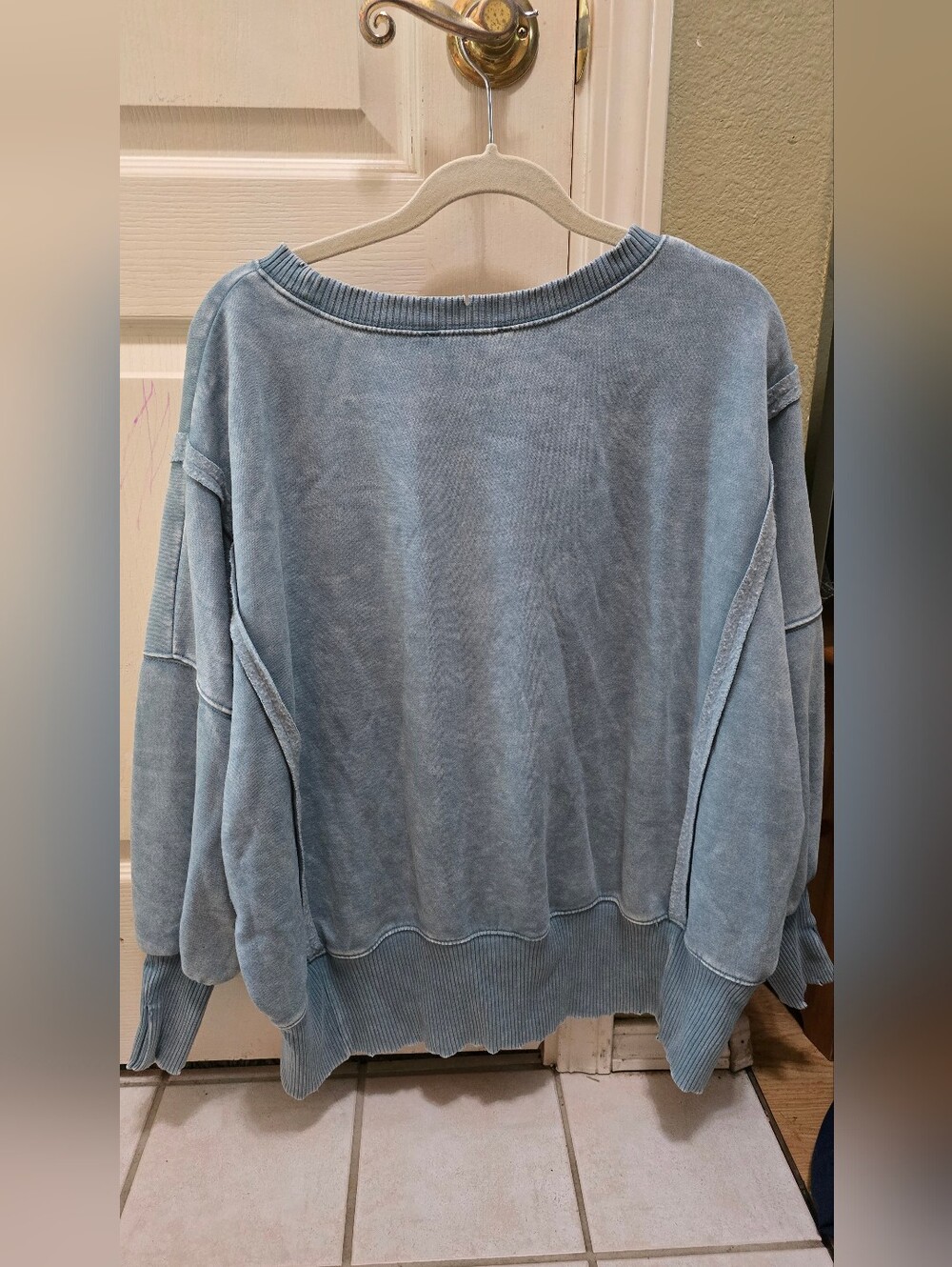 Washed Blue Women's Crewneck Distressed Sweater Puffy Sleeves - Picture 8 of 10